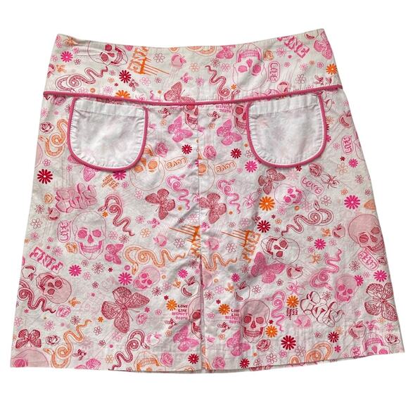 Y2K 'Fine' Mini Skirt Size Small Pink Graffiti Skulls Butterflies - Picture 1 of 9